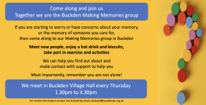 Buckden Making Memories Group for people with Alzheimer’s/Dementia and their carers/families.